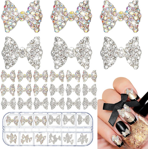 Maitys 24 Pieces Nail Bows Charms Rhinestones - 3D Alloy Pearl Bow Knot Accessory for Women DIY Valentine Salon Jewelry