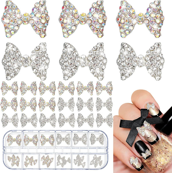 Maitys 24 Pieces Nail Bows Charms Rhinestones - 3D Alloy Pearl Bow Knot Accessory for Women DIY Valentine Salon Jewelry