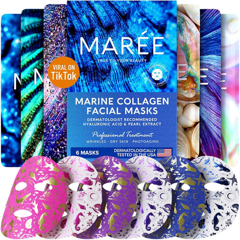 MAREE Facial Masks with Marine Collagen & Hyaluronic Acid - Moisturizing Sheet Masks with Green & Red Algae Extract, 6