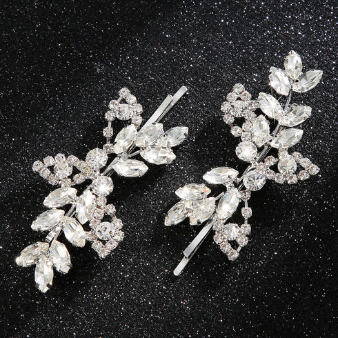 Waydress 4 Pcs Rhinestone Hair Clip, Decorative Leaf Crystal Barrette Accessories for Women (Silver)