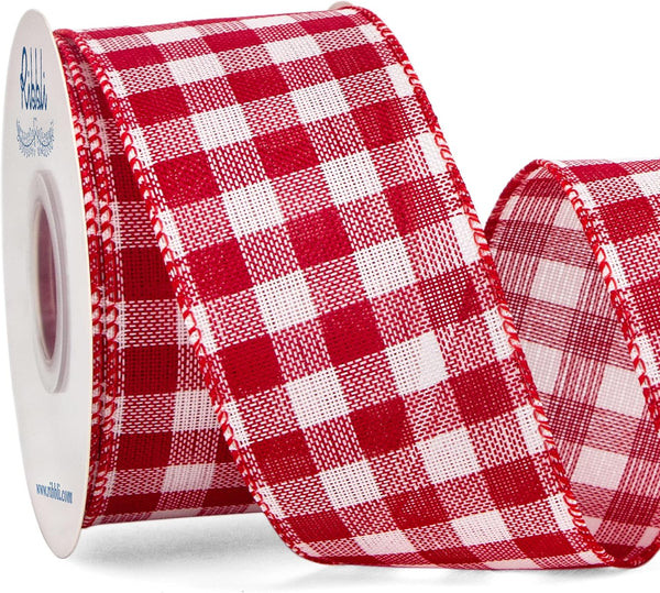Ribbli Buffalo Plaid Burlap Wired Ribbon, 2-1/2 Inch x 10 Yard, Red and White Patriotic Ribbon for Wreath, Big Bow,
