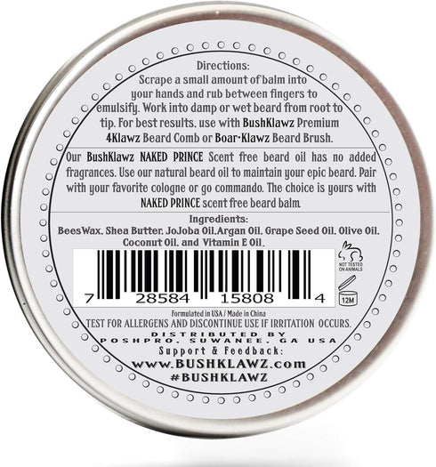 Naked Prince Scent Free All Natural Beard Balm Leave-in Conditioner, Premium Moisturizer for Bearded Men