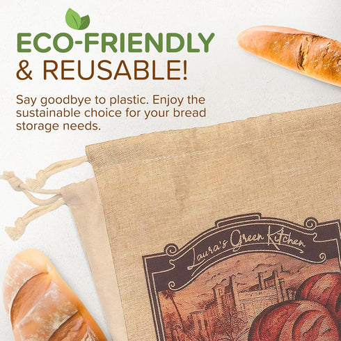 Laura's Green Kitchen Linen Bread Bag - 2 Packs Large Sourdough Bread Bags for Homemade Bread Storage, Beige