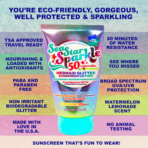 Sunshine & Glitter Sea Star Sparkle Biodegradable Glitter Sunscreen SPF 50, Mermaid Watermelon Lemonade, Water
