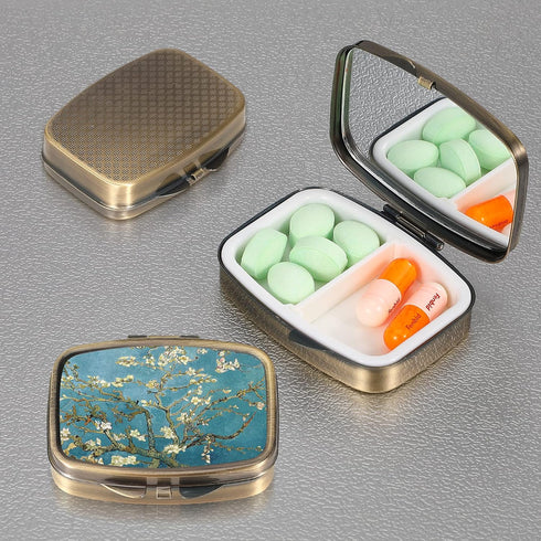 Dynippy Pill Case with Mirror, Retro Pocket 2 Compartment Medicine Case for Travel and Purse