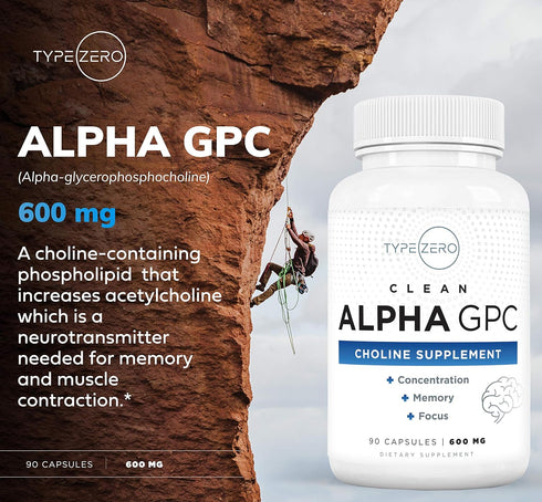 Type Zero Ultra Clean Alpha GPC Choline Supplement (90 Capsules | 600mg) Non-GMO, Soy Free Nootropics for Brain Focus