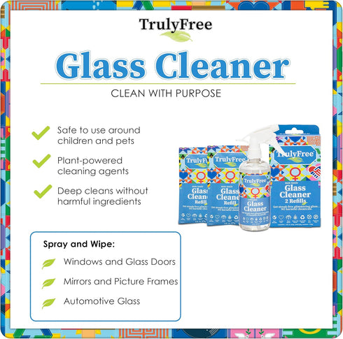 Natural Glass Cleaner Spray for Home, Office & Garage, Removes Dirt & Debris, Includes 1 Refillable Bottle & 2 Refills