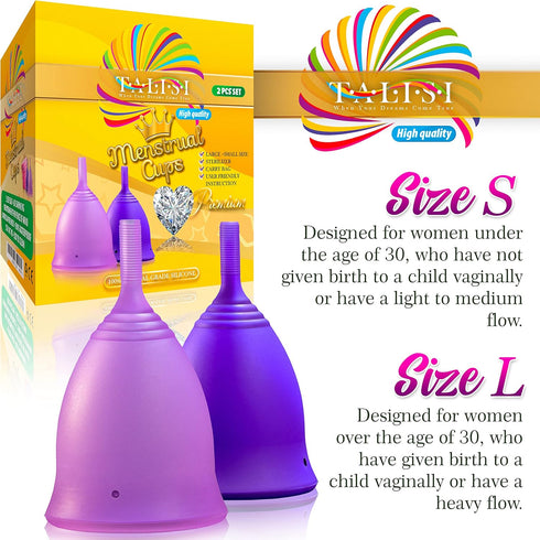 Talisi Reusable Menstrual Cups, Set of 2 Period Cups for Women, Collapsible Sterilization Menstruation Cup for Beginners
