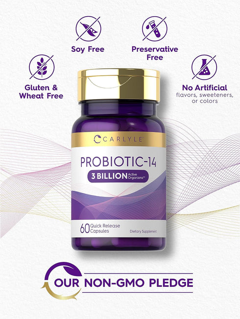 Carlyle Probiotic for Women & Men | 3 Billion CFU | 60 Capsules | 14 Strains | Non-GMO & Gluten Free