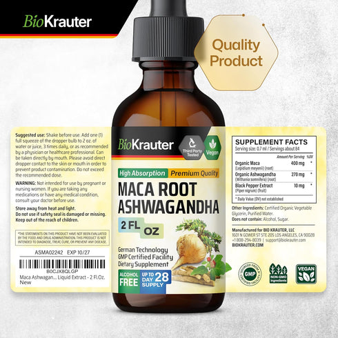 Maca Root and Ashwagandha Tincture | Organic Liquid Supplement for Men & Women | Adaptogenic Mood Support | Alcohol and