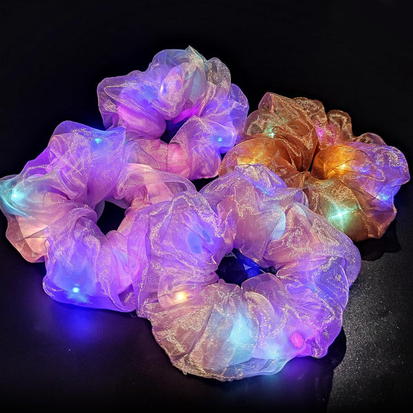 Light Up Scrunchies - LED Neon Hair Accessories for Women & Girls, Glow in the Dark Hair Ties (Multi-colored Set 8)
