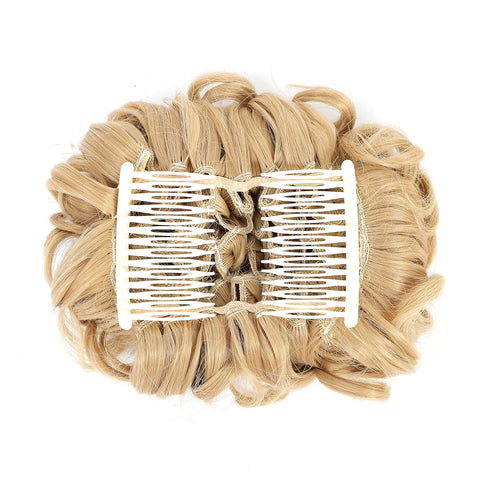 SWACC Short Messy Curly Hair Bun Extension, Honey Golden Blonde-18#, Easy Stretch Combs Clip-in Ponytail