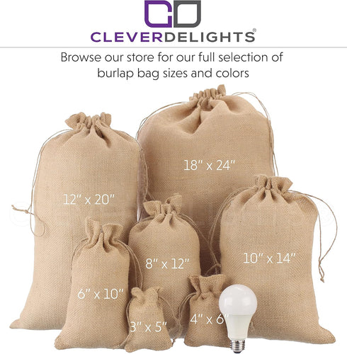 CleverDelights 8" x 12" Burlap Bags - 5 Pack, Jute Drawstring Sacks