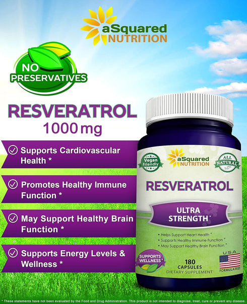 100% Natural Resveratrol Supplement, 1000mg Max Strength (180 Capsules) for Heart Health & Antioxidants