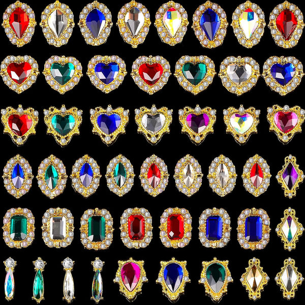 Leelosp 48 Pieces Luxury 3D Nail Charms, Colorful Rhinestones and Metal Crystals for Nail Decoration