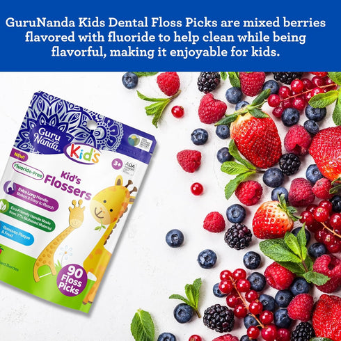 GuruNanda Dental Floss Picks for Kids - Extra-Long Giraffe-Shaped Picks, Fluoride-Free, Eco-Friendly Handle, 90 Count