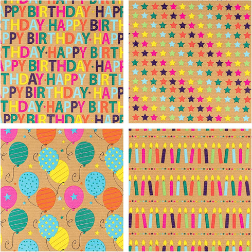 RUSPEPA Mini Kraft Wrapping Paper Rolls, 4 Rolls, 17 inches x 10 feet per Roll, Colorful Birthday Gift Wrap