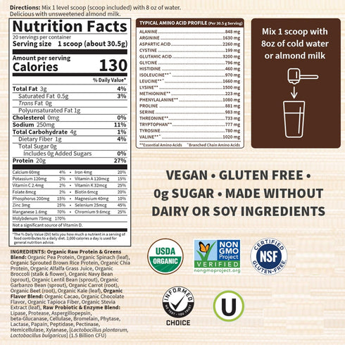 Garden of Life Raw Organic Protein & Greens - Chocolate Vegan Protein Powder, Dairy Free, Gluten Free, 20 Servings