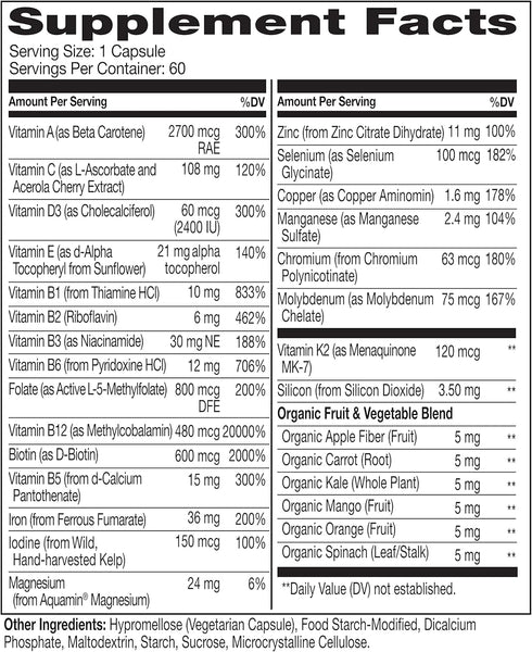 NATURELO Bariatric Multivitamin, One Daily with Iron for Post Gastric Bypass Surgery - 120 Veggie Capsules