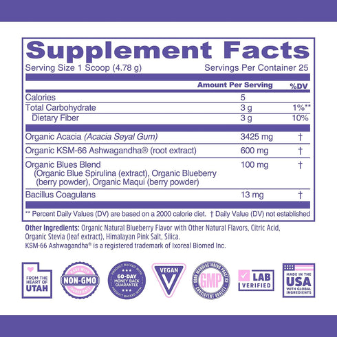 Zhou Nutrition USDA Organic Blue Spirulina Powder with KSM-66 Ashwagandha and Blueberry, Organic Superfood Powder, Antioxidants, Fiber, Mental Energy, Sleep, Digestion, Non-GMO, Vegan, 25 Servings