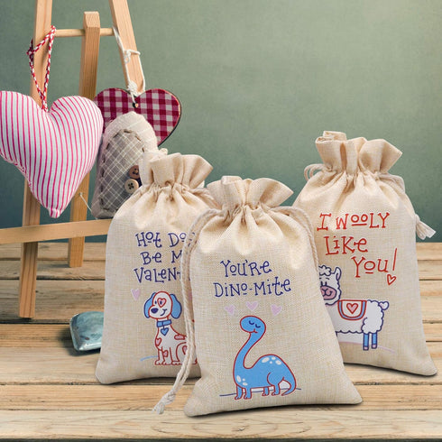 JOYIN 28 Pcs Valentine Drawstring Canvas Bags with 3 Pens, 4x5.75 Inch Pouch for Kids Party Favor