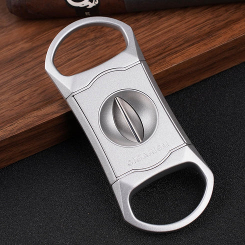 V-Cut Cigar Cutter - Stainless Steel Blade, Up to 60+ Ring Gauge in Leather Gift Case (Silver)