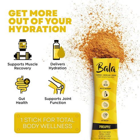 Bala Enzyme Hydration & Sugar-Free Drink Mix - Turmeric, Bromelain, Papain, Immunity, Mobility - Pineapple (10 Count)
