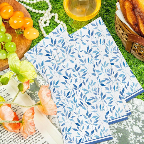 KTHONIOMANTE 200PCS 2 Pack, 4.5x8 Inch Blue & White Guest Paper Napkins, Ply Disposable Paper Blue Leaves Dinner Hand