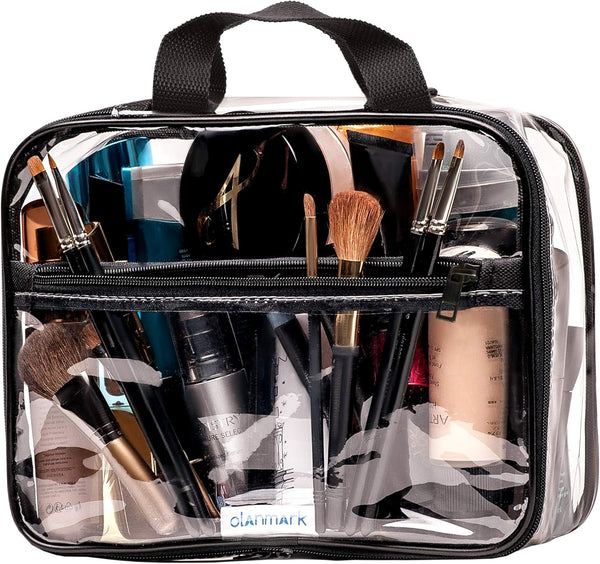 Large Transparent Clear Toiletry Bag - PVC Makeup Case with Handle - See Through Packing Cube - Zippered Plastic Pouch