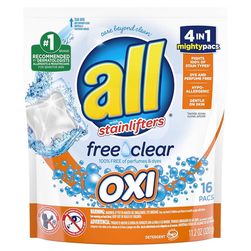 All Mighty Pacs Laundry Detergent, Free Clear Pouch, 16 Count