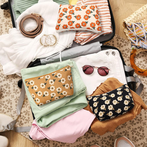 Photect 3 Pcs Floral Makeup Bag, Corduroy Small Pouch, Canvas Cosmetic Mini Toiletry Zipper Bags
