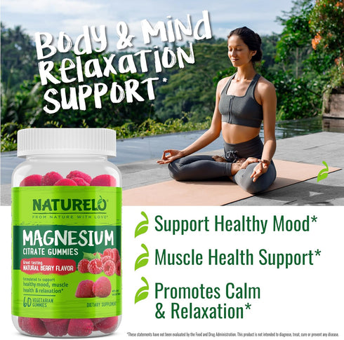 NATURELO Magnesium Citrate Gummies, Natural Berry Flavor, 60 Vegetarian Gummies for Calm & Relaxation Support