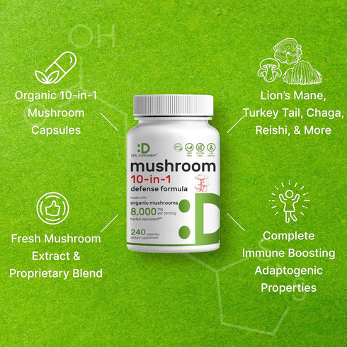 Organic Mushroom Supplement, 8,000mg Per Serving, 240 Capsules, 10 in 1 Defense Formula, Non-GMO