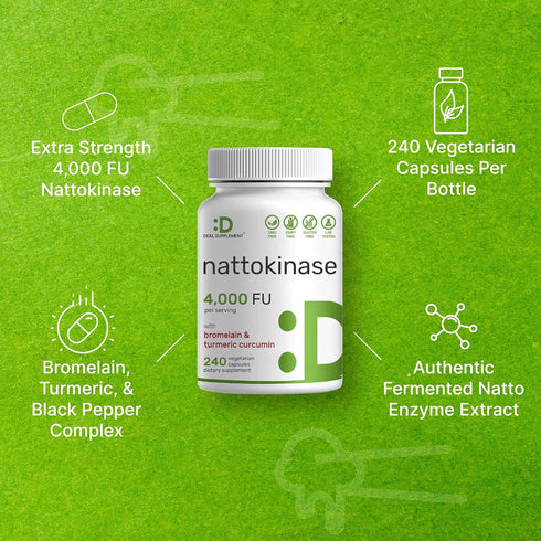 Nattokinase 4,000 FU Per Serving - 240 Veggie Capsules with Bromelain, Turmeric Curcumin & Black Pepper Complex