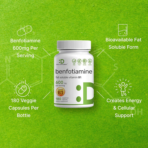 Benfotiamine 600mg, 180 Veggie Capsules (300mg Per Cap) – Vegan, Non-GMO, Gluten Free Thiamine Supplement