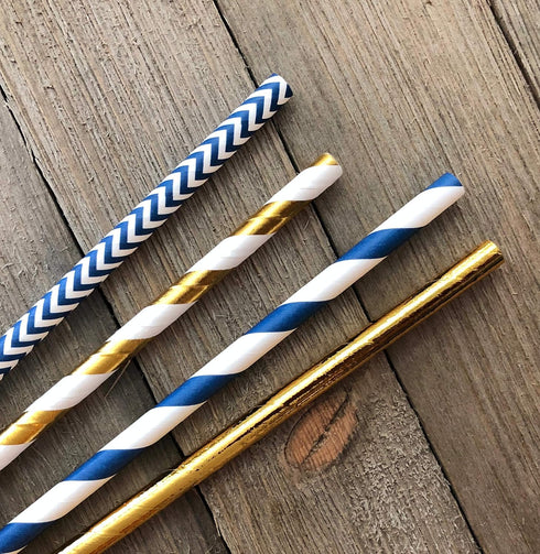 Navy Blue and Gold Foil Paper Straws, Stripe Chevron Solid, 100 Pack