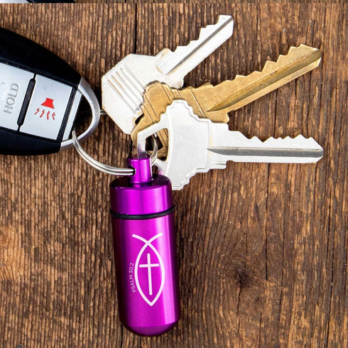 Purple Pill Case Keychain, Waterproof Metal Travel Container for Medicine Storage, Small Organizer with Christian Fish