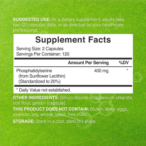 Phosphatidylserine Supplement, 400mg Serving, 240 Capsules, Soy Free Sunflower Lecithin Source