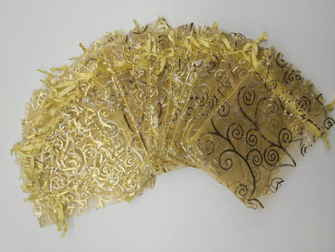 100pcs Sheer Organza Favor Bags, Rattan Print Gift Bags for Wedding Baby Shower, 3x4 inch, Gold