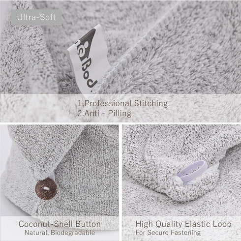 myHomeBody Hair Towel Wrap, Luxury Quick Drying Turban, Ultra Soft Charcoal Fiber Cap (Gray)