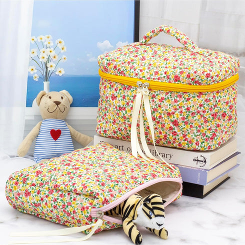 PAZIMIIK Cotton Makeup Bag for Women - Large Quilted Travel Cosmetic Case with Little Flower Design