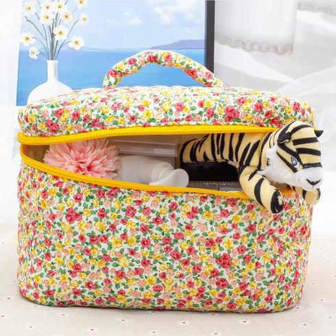 PAZIMIIK Cotton Makeup Bag for Women - Large Quilted Travel Cosmetic Case with Little Flower Design