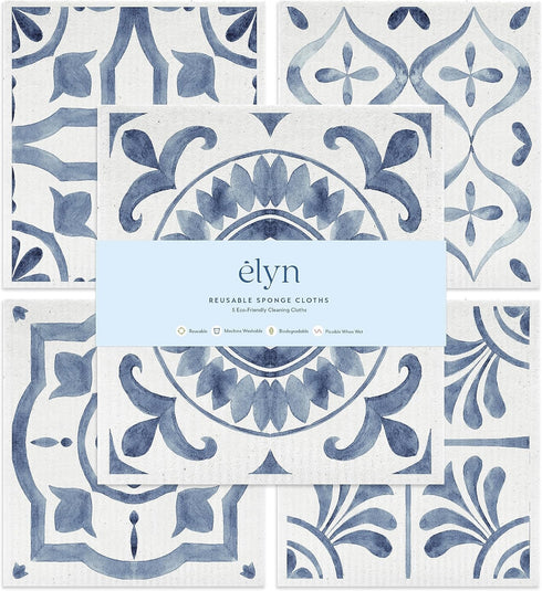 ELYN 5 Pack Swedish Dishcloths, Assorted Moroccan Pattern, Reusable & Washable Sponge Cloths for Kitchen Cleaning