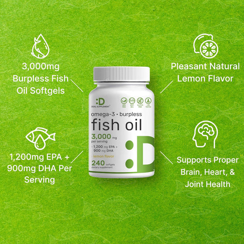 DEAL SUPPLEMENT Omega 3 Fish Oil Supplements - 3,000mg Per Serving, 240 Softgels for Brain & Heart Support