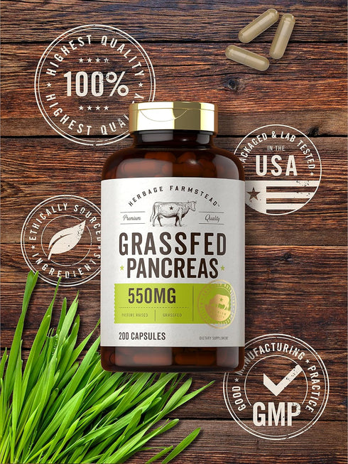 Carlyle Grass Fed Beef Pancreas, 550mg, 200 Capsules, Desiccated Pasture Raised Bovine Supplement