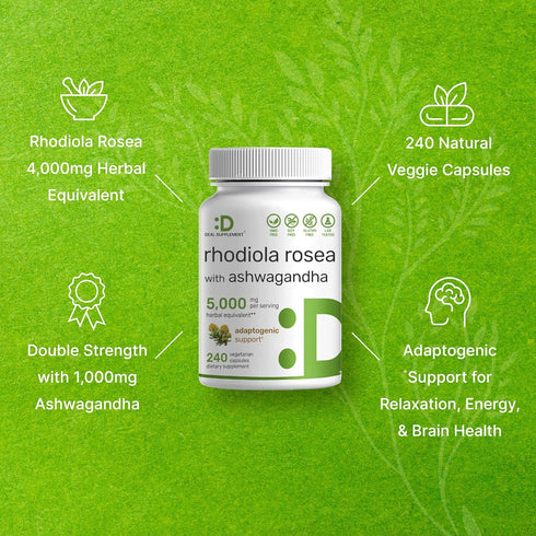 DEAL SUPPLEMENT Rhodiola Rosea with Ashwagandha, 5,000mg Per Serving, 240 Veggie Capsules, Max Strength Adaptogenic