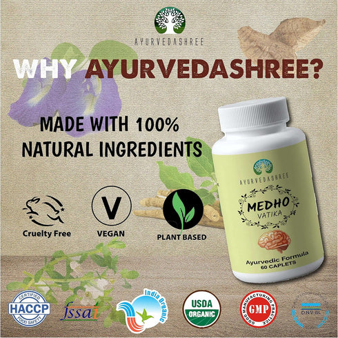 AYUREVDASHREE Medho Vatika, 60 Caplets, Each 1000 MG with 8 Natural Herbs