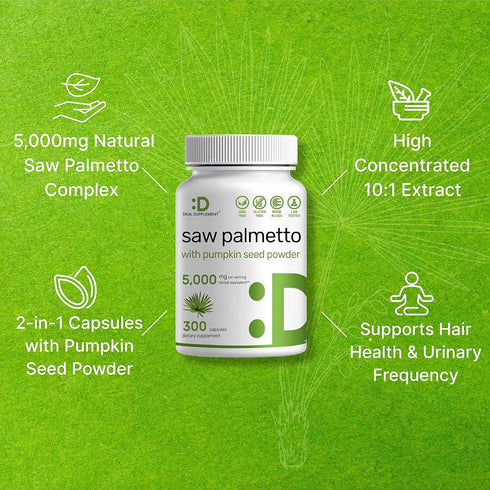Saw Palmetto Supplement 5000mg with Pumpkin Seed, 300 Capsules, DHT Blocker for Prostate Health & Hair Growth