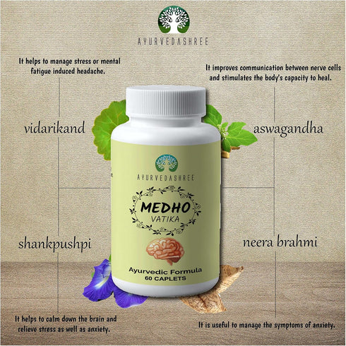 AYUREVDASHREE Medho Vatika 60 Caplets | Each 1000 MG Caplet Contains Extract of 8 Natural Herbs Such as Gingko, Brahmi, Neera Brahmi, Ashwagandha, Shankhpushpi