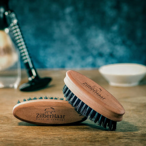 ZilberHaar Pocket Mustache and Beard Brush, Soft Boar Bristles, Pearwood, Made in Germany